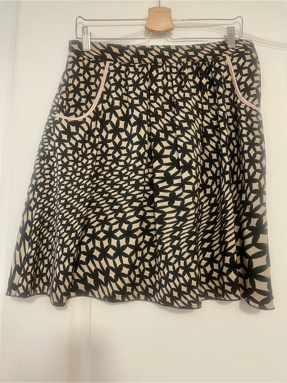 La Fée Maraboutée A-Line Skirt in Beige and Black Geometric Print, Size Medium